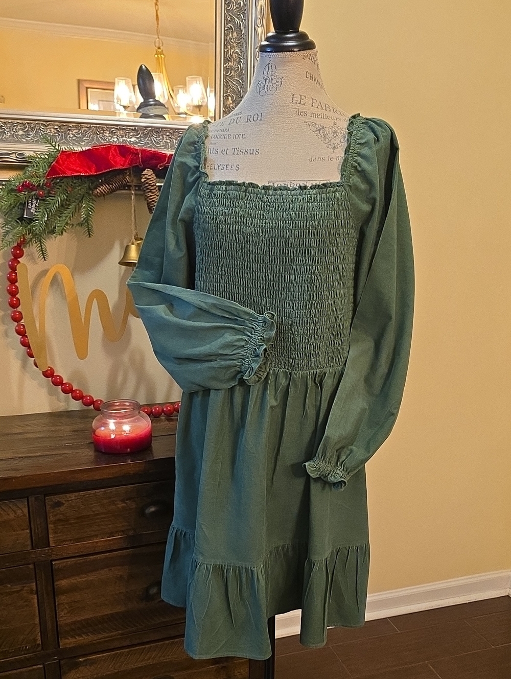 Smocked Square-Neck Long Sleeve Lightweight Corduroy Dress